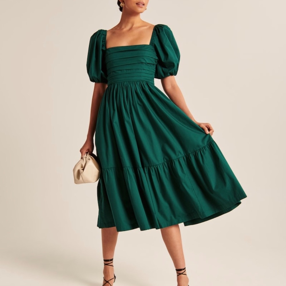 Abercrombie & Fitch Poplin Midi Dress Emerald Green Puff Sleeves XL Tall!